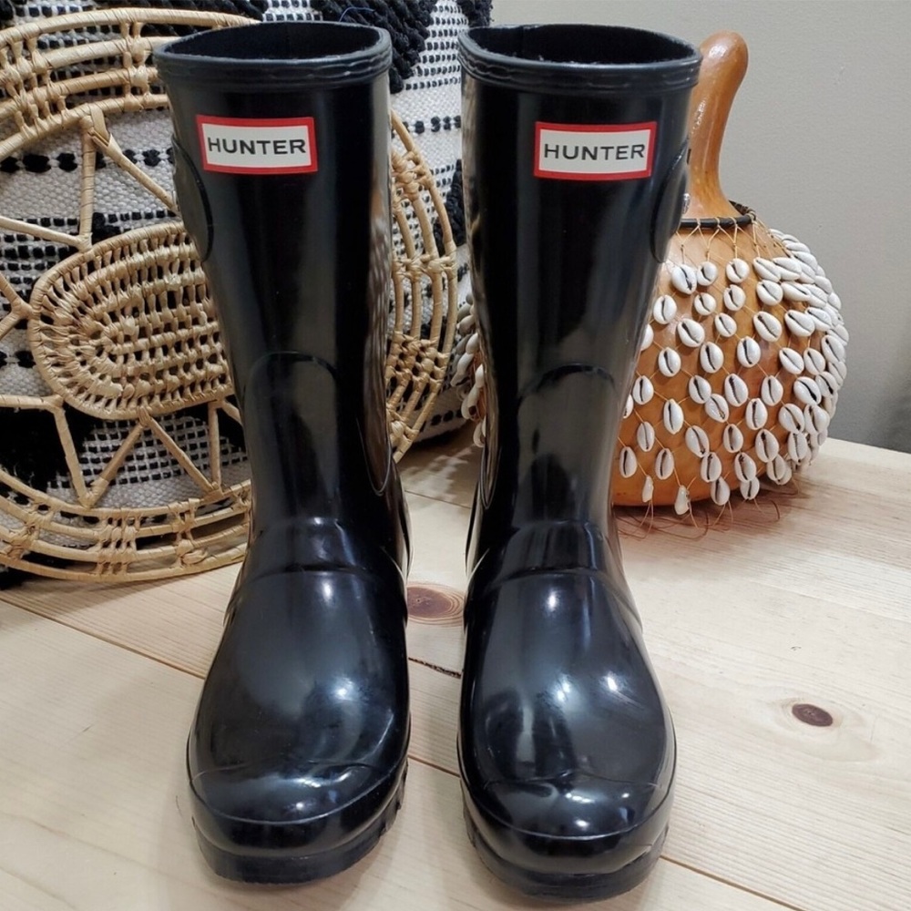 Hunter Original Wellington Short Gloss Rain Boots Black Women's Sz US 9/EU 40